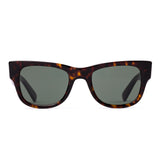 Wayfarer sunglasses with tortoiseshell frame and dark lenses on a white background