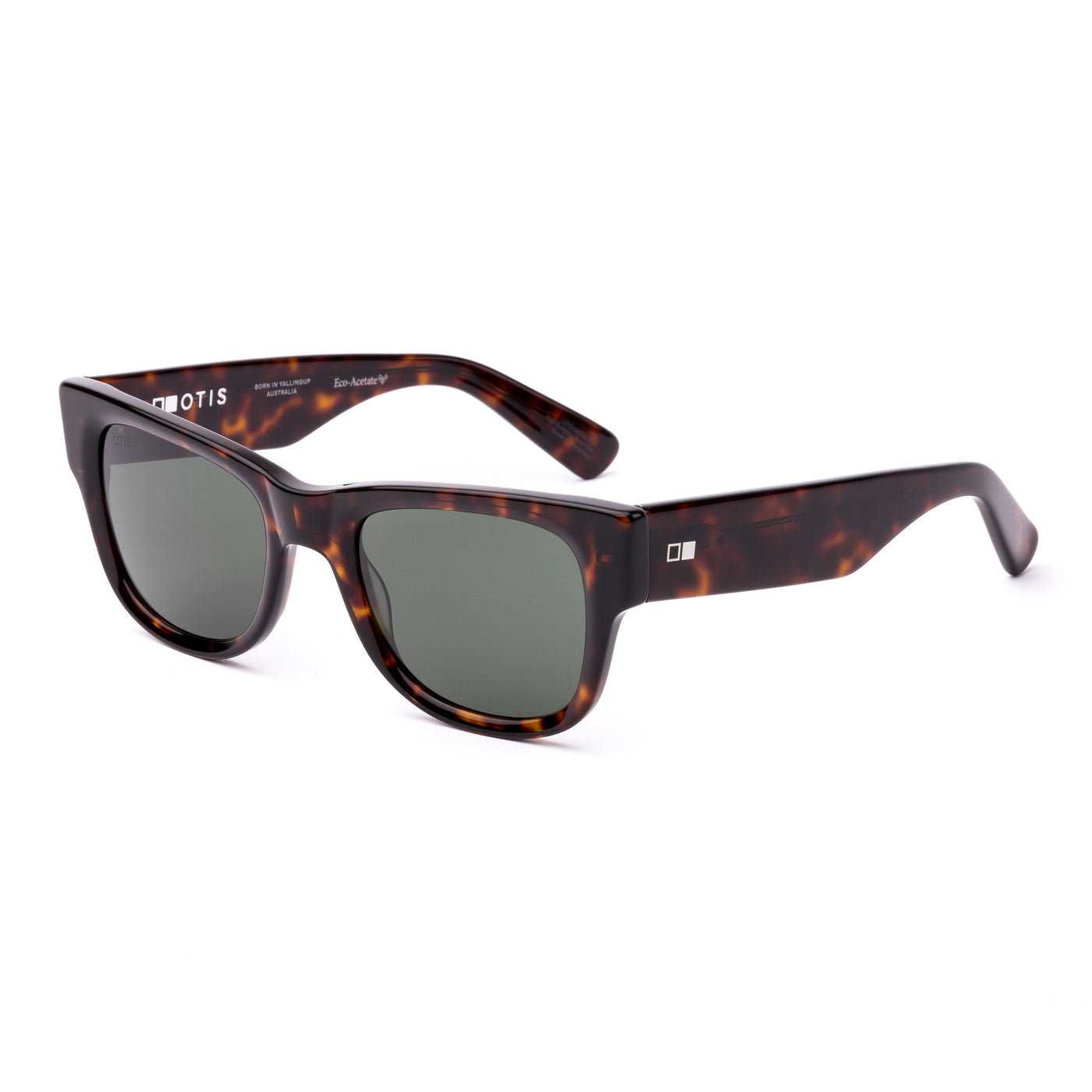 Wayfarer sunglasses with tortoiseshell frame and dark lenses on a white background