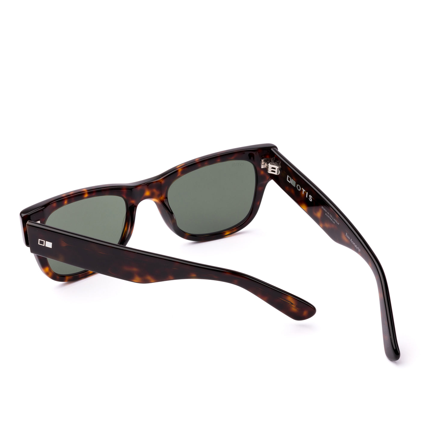 Wayfarer sunglasses with tortoiseshell frame and dark lenses on a white background