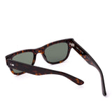 Wayfarer sunglasses with tortoiseshell frame and dark lenses on a white background
