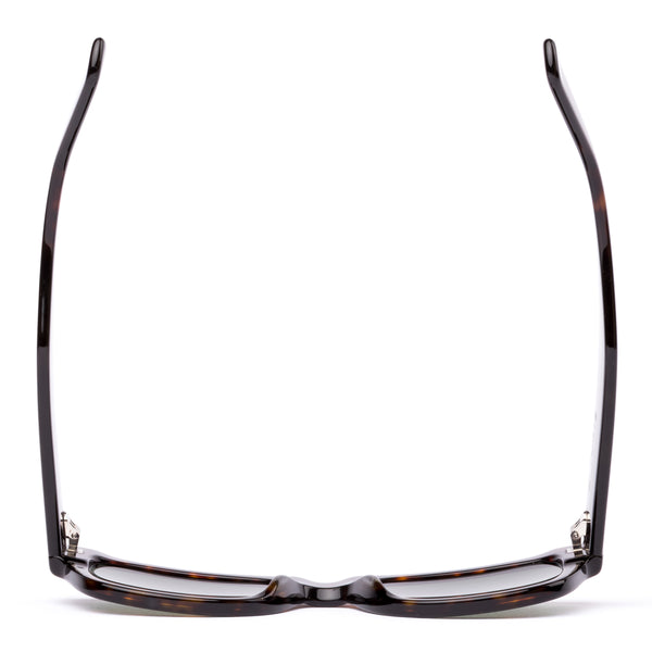 Wayfarer sunglasses with tortoiseshell frame and dark lenses on a white background