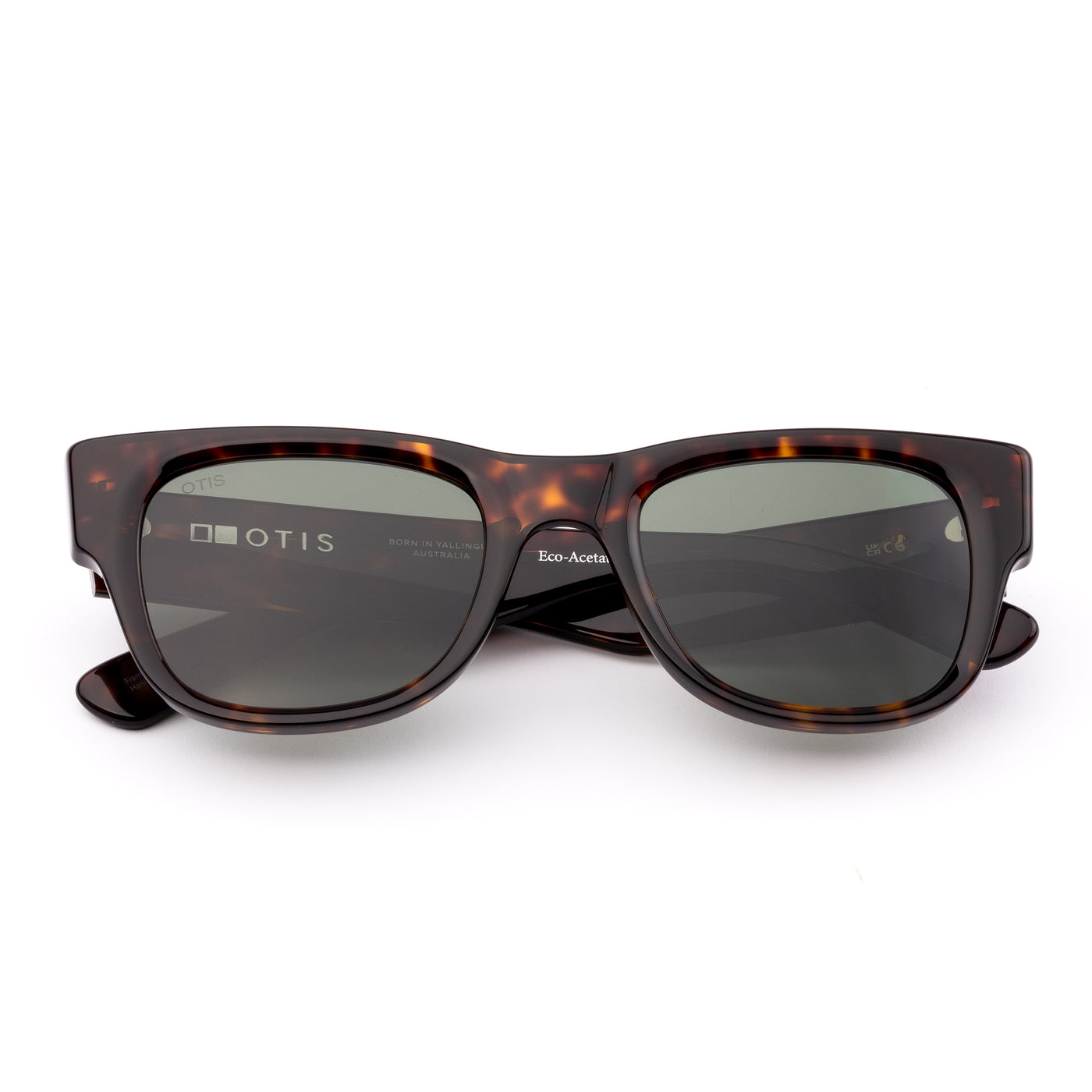 Wayfarer sunglasses with tortoiseshell frame and dark lenses on a white background