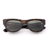 Wayfarer sunglasses with tortoiseshell frame and dark lenses on a white background