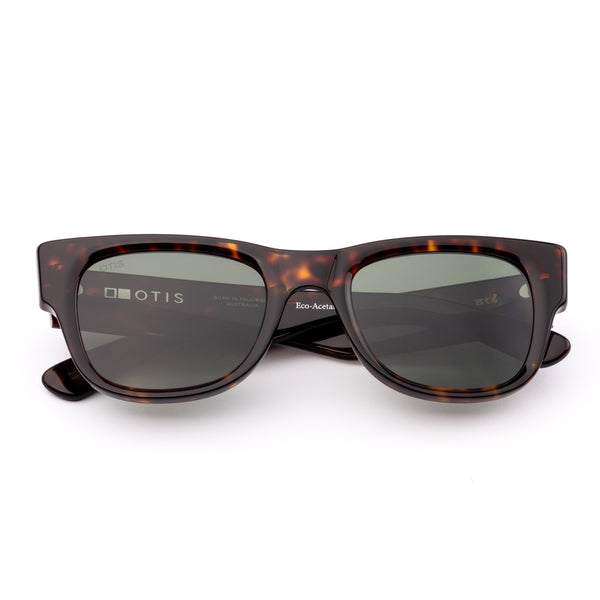 Wayfarer sunglasses with tortoiseshell frame and dark lenses on a white background