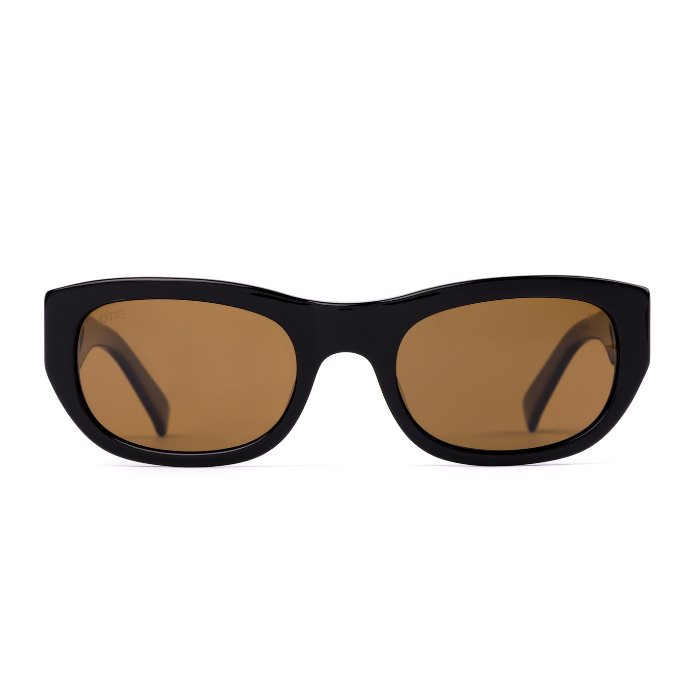 Black sunglasses with brown lenses on a white background
