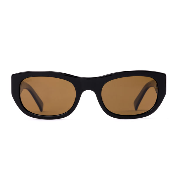Black sunglasses with brown lenses on a white background