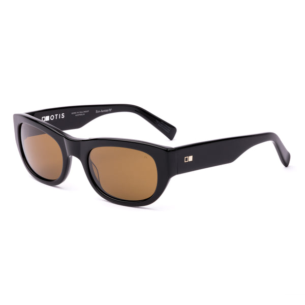 Black sunglasses with brown lenses on a white background