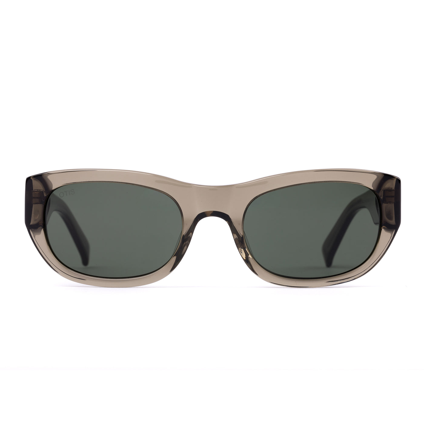 Sunglasses with a green transparent frame and dark lenses on a white background