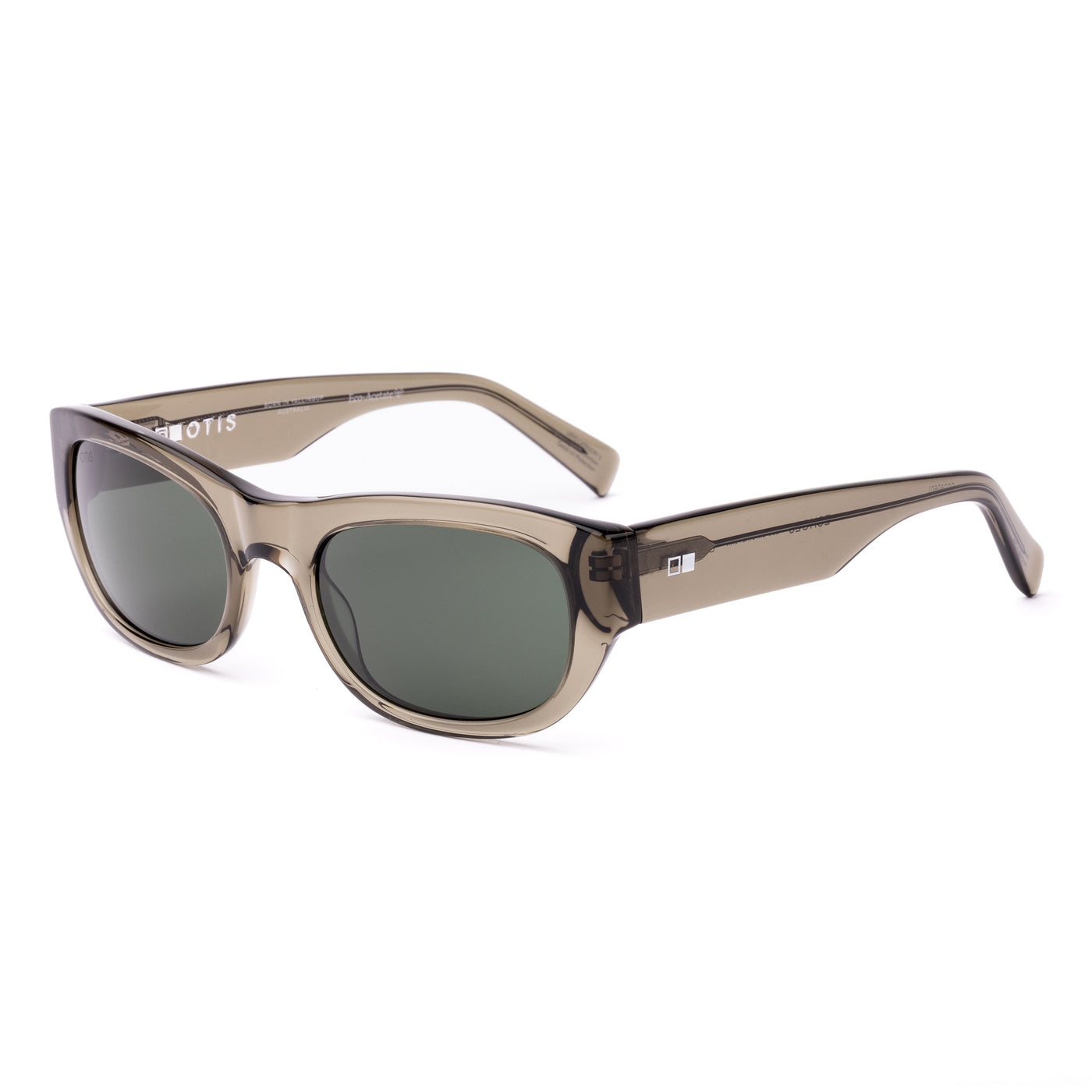 Sunglasses with a green transparent frame and dark lenses on a white background