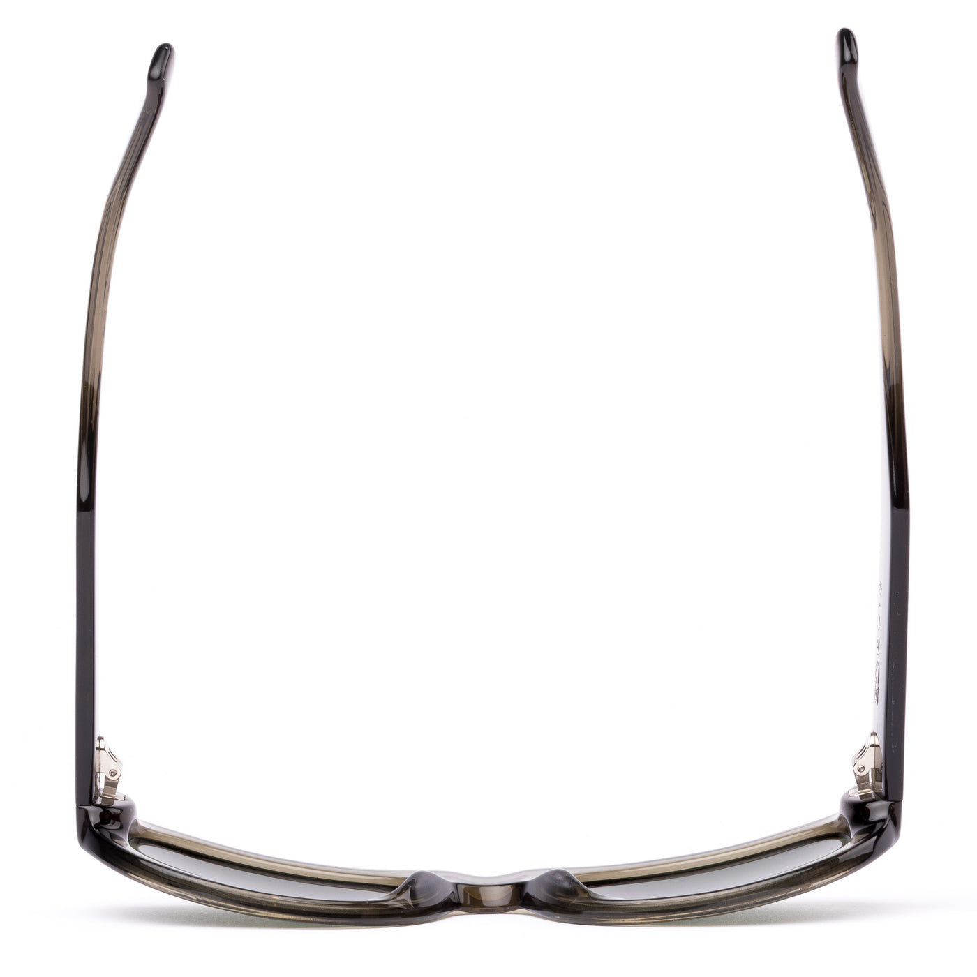 Sunglasses with a green transparent frame and dark lenses on a white background