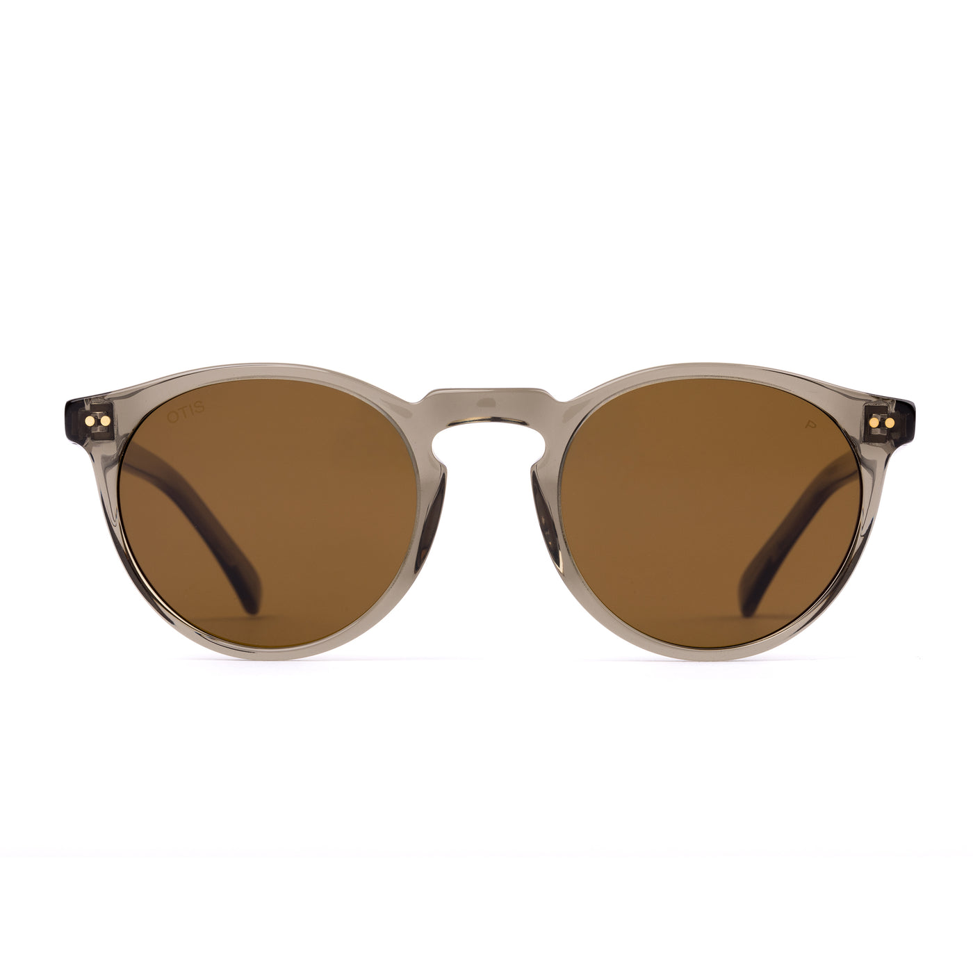 Round sunglasses with brown lenses on a white background
