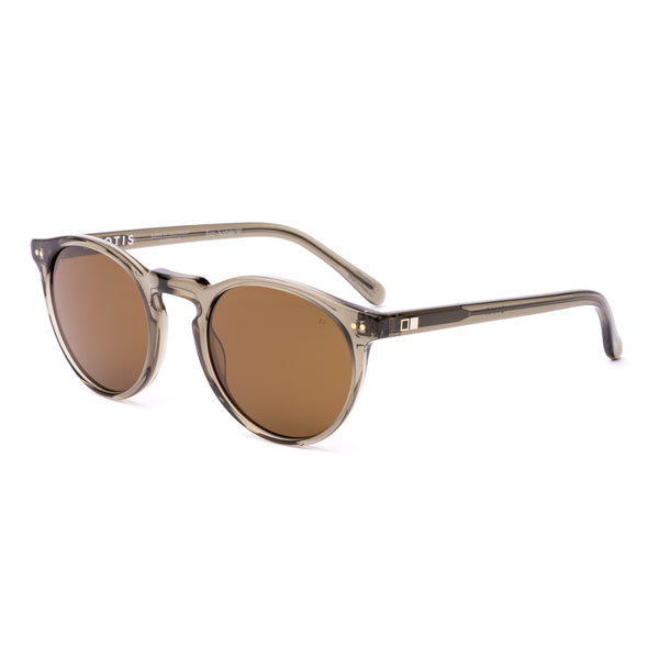 Round sunglasses with brown lenses on a white background