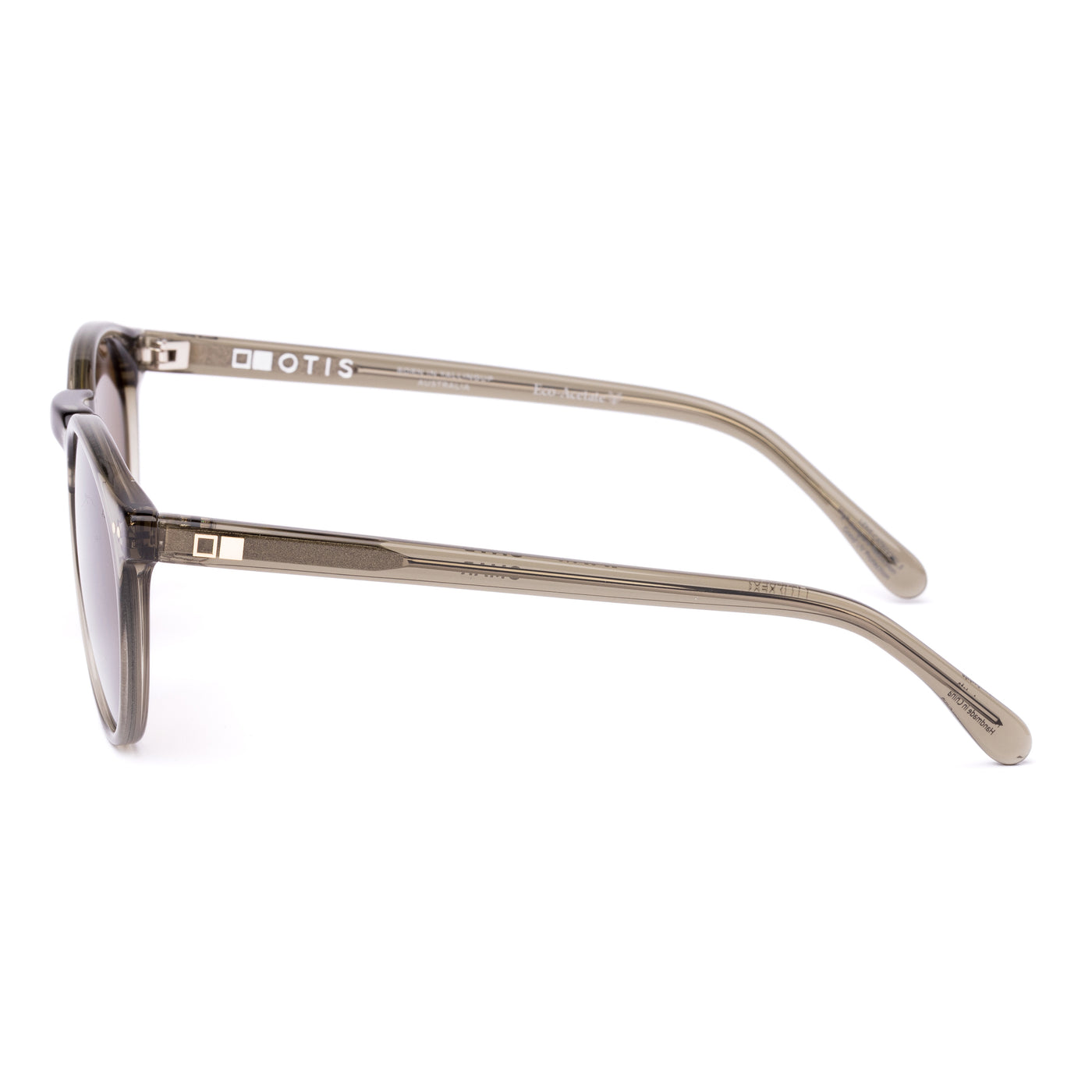 Round sunglasses with brown lenses on a white background