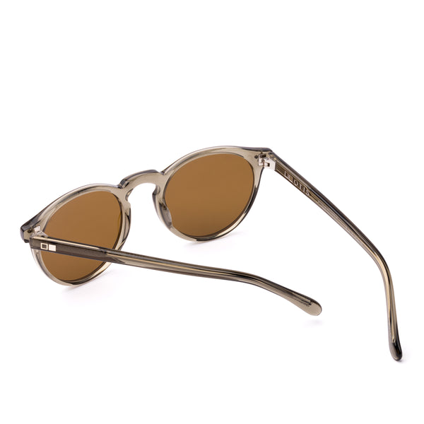 Round sunglasses with brown lenses on a white background