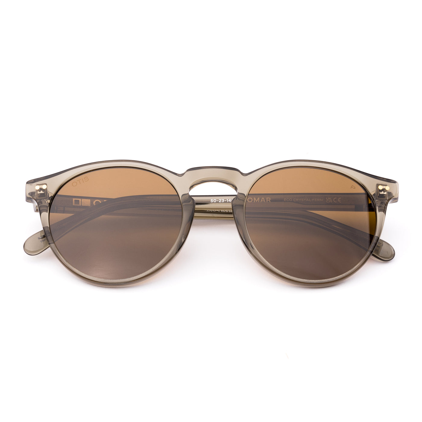 Round sunglasses with brown lenses on a white background