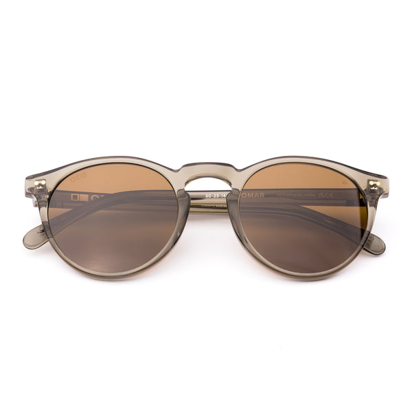 Round sunglasses with brown lenses on a white background