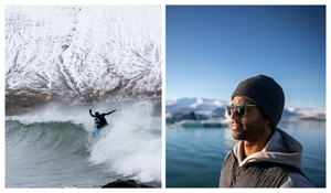 A split image of a man surfing in the snow in Iceland and him wearing a beanie and sunglasses looking out to sea