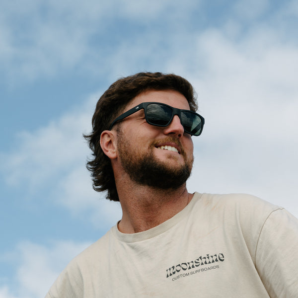 Man in front of blue sky smiling and wearing black sunglasses