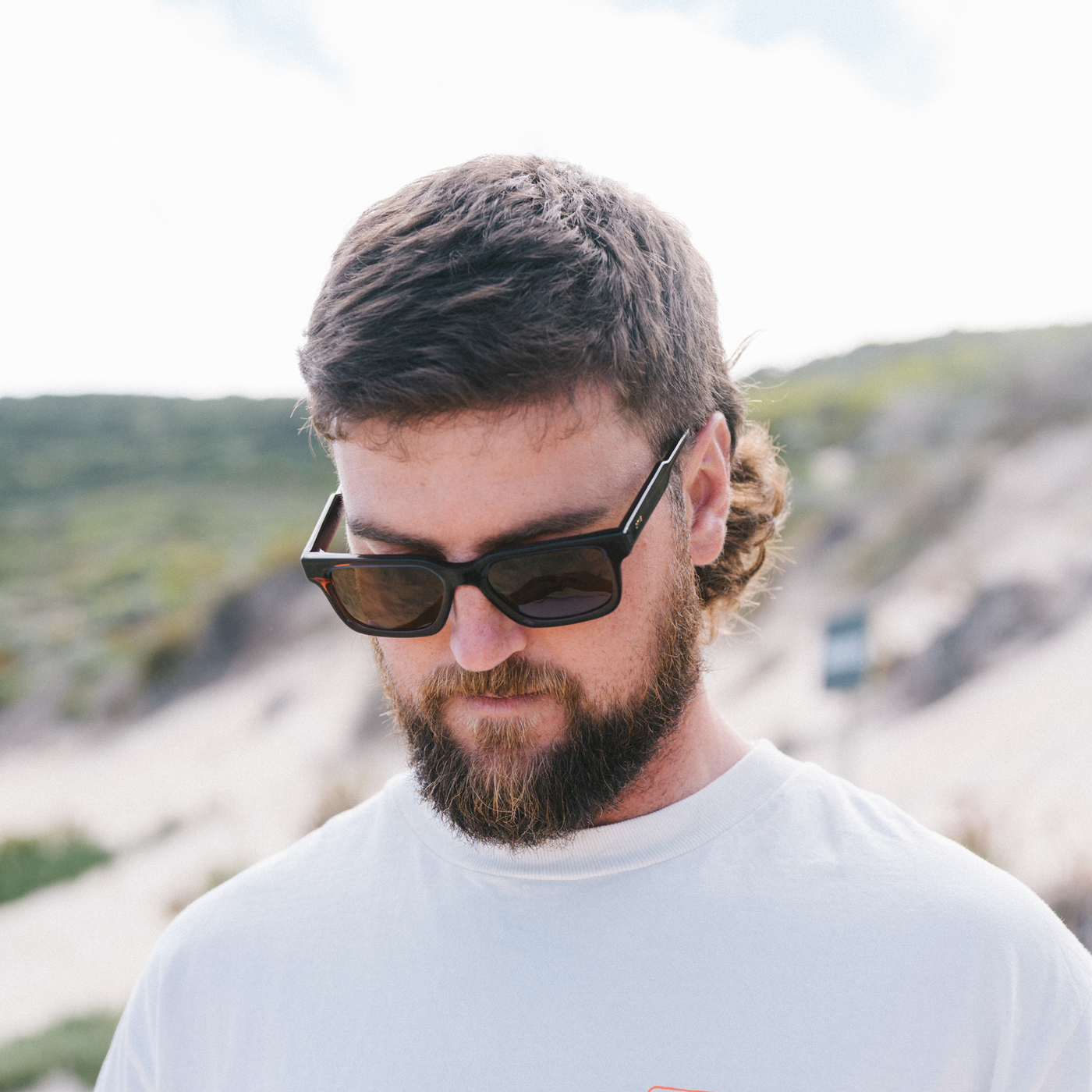 Man wearing sunglasses with a scenic background