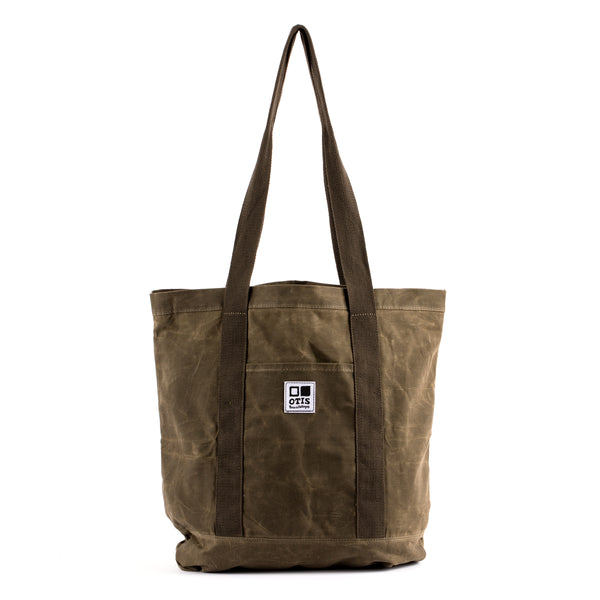 Waxed canvas tote bag with OTIS logo stitched onto front