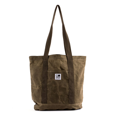 Waxed canvas tote bag with OTIS logo stitched onto front