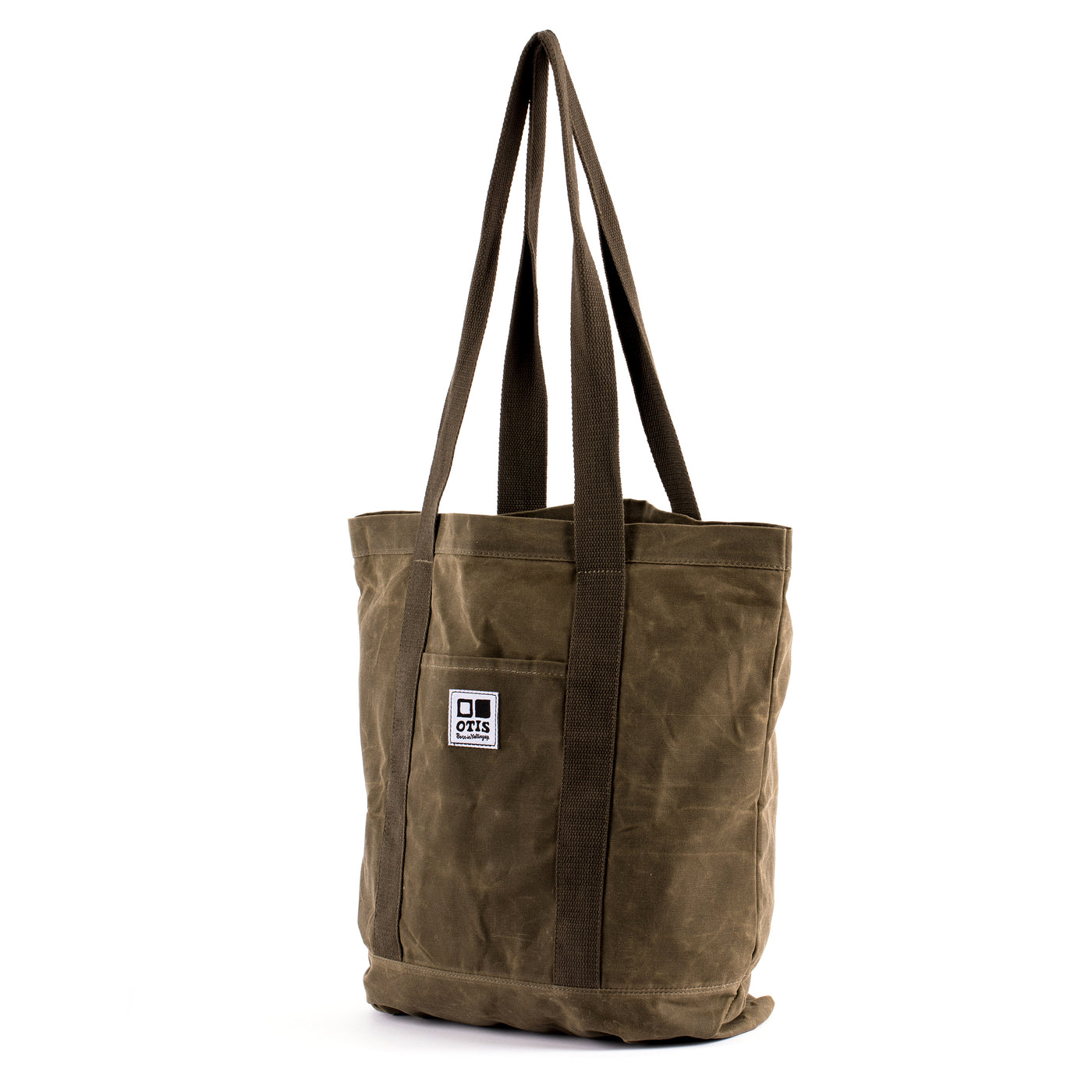 Army Green Waxed canvas tote bag with OTIS logo stitched onto front