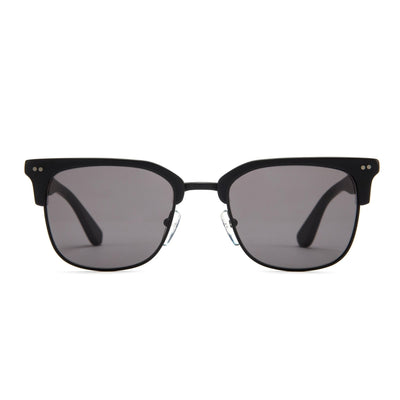 Black sunglasses with grey lenses facing 