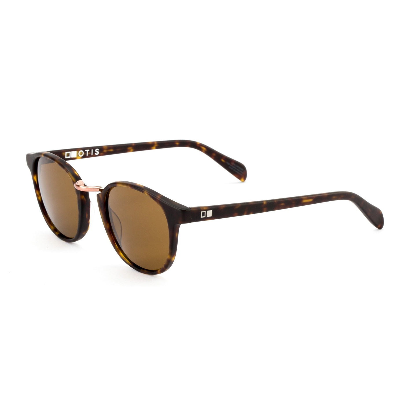 Round tort sunglasses with wire nose bridge from a side angle