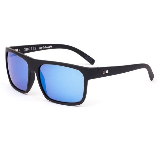 Black OTIS Eyewear sunglasses with blue reflective lenses from the side angle