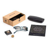 Blue sunglasses and the plastic free packaging they come in 