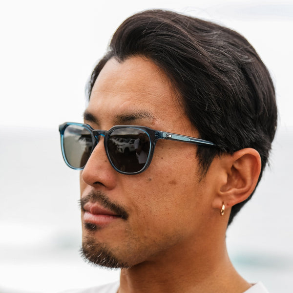 Man wearing blue anti scratch sunglasses