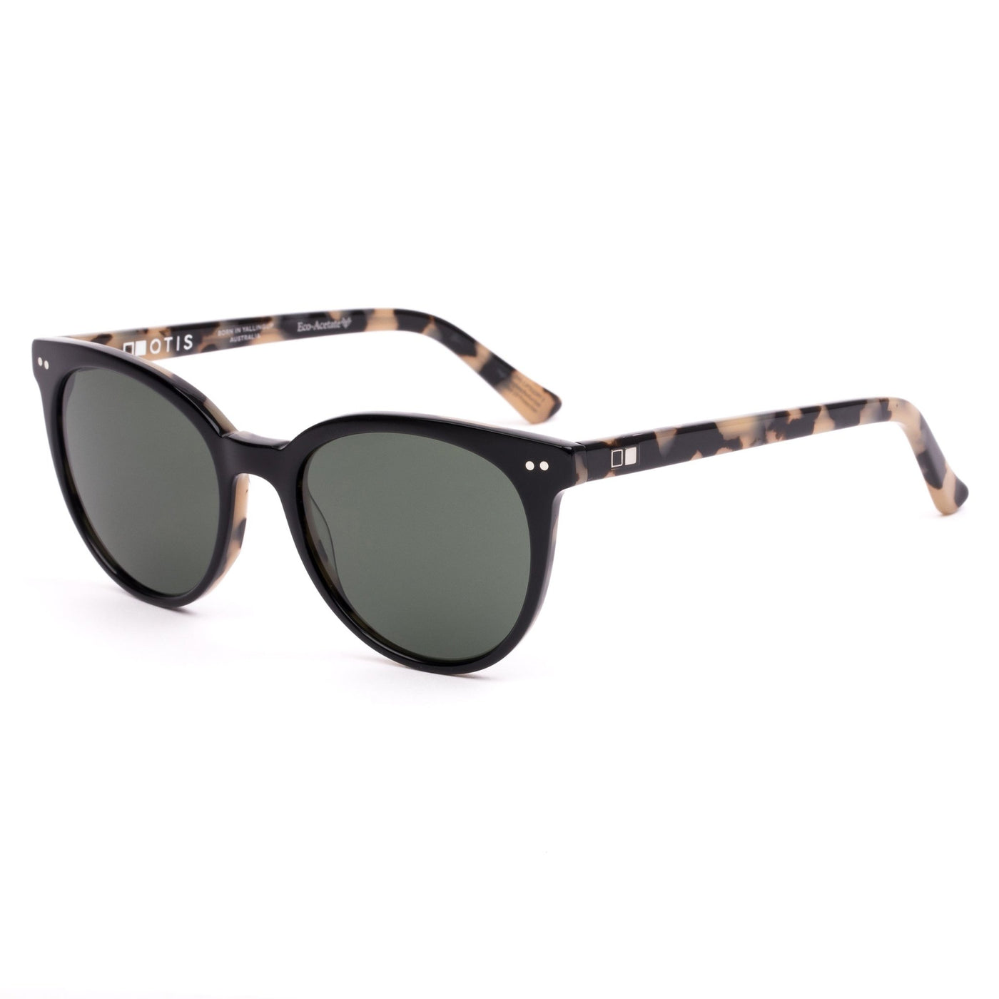 Black scratch resistant sunglasses by OTIS eyewear called Jazmine in Eco Havana Licorice
