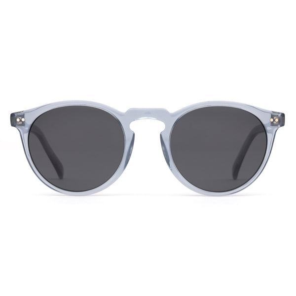 Round blue mineral glass sunglasses facing the front