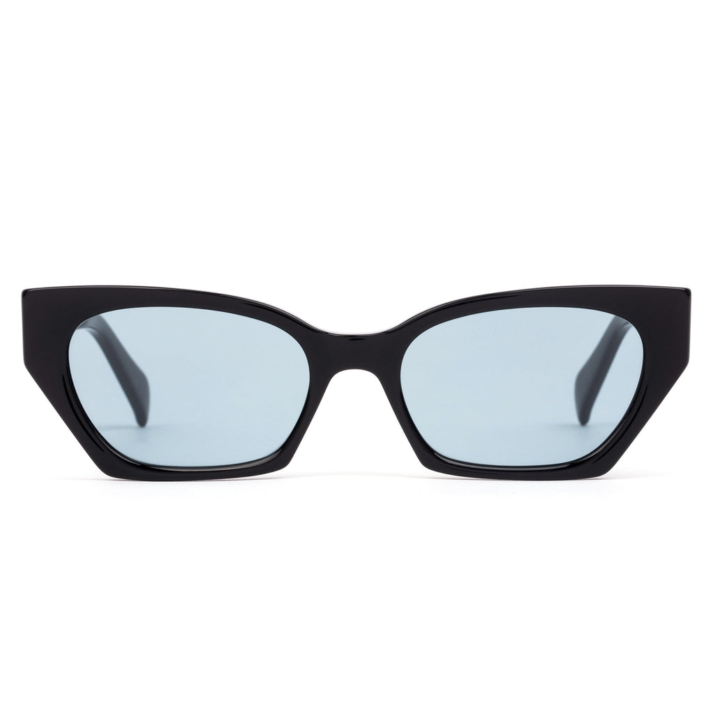 Black scratch resistant sunglasses with blue trans lenses