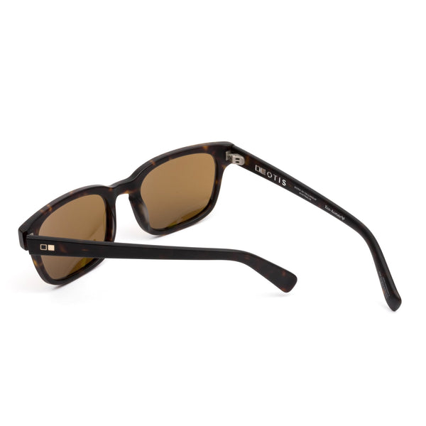 Brown lens sunglasses from the back angle with one temple bent